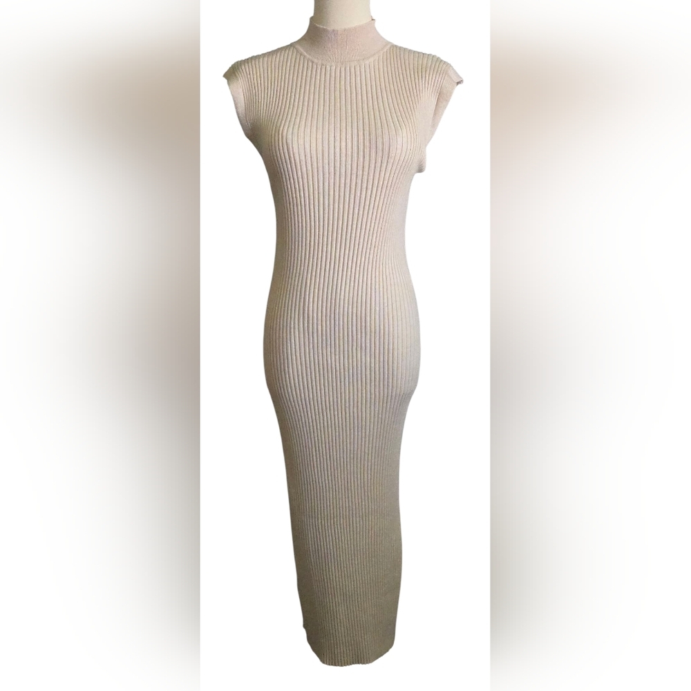 Pink Rose Beige Sleeveless Ribbed Dress ~EC